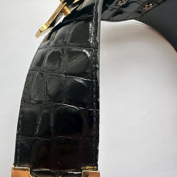 1970s/1980s Vintage "H" Buckle Black Faux Croc Waist Belt Sz XS S - Picture 8 of 8